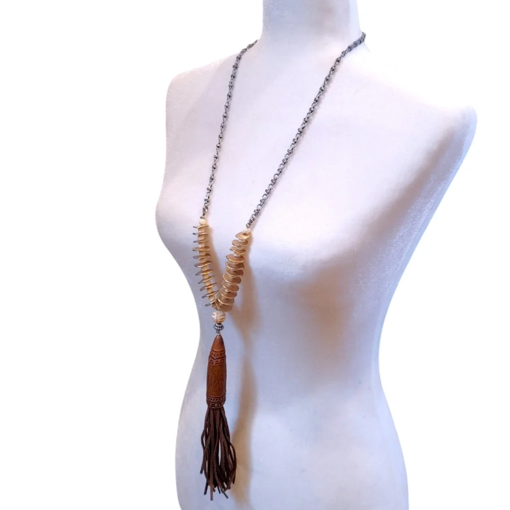 Chico's Fringe Pendant Gold Bead Western Long Statement Necklace Fashion Jewelry